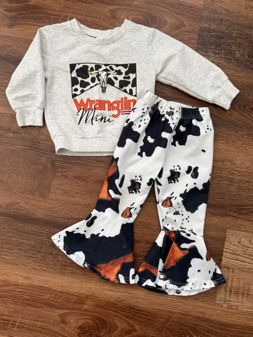 Wranglin' Mini Sweatshirt & Cowprint Bellbottom Set - 12-18 months